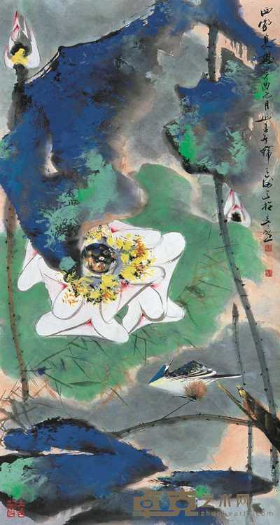 韩天衡 1993年作 西荷夏憩图 镜心 90×48.5cm
